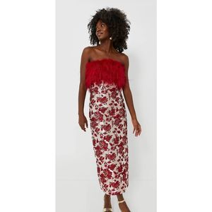 HYACINTH HOUSE Red Jacquard Feathered Reina Midi Dress $228